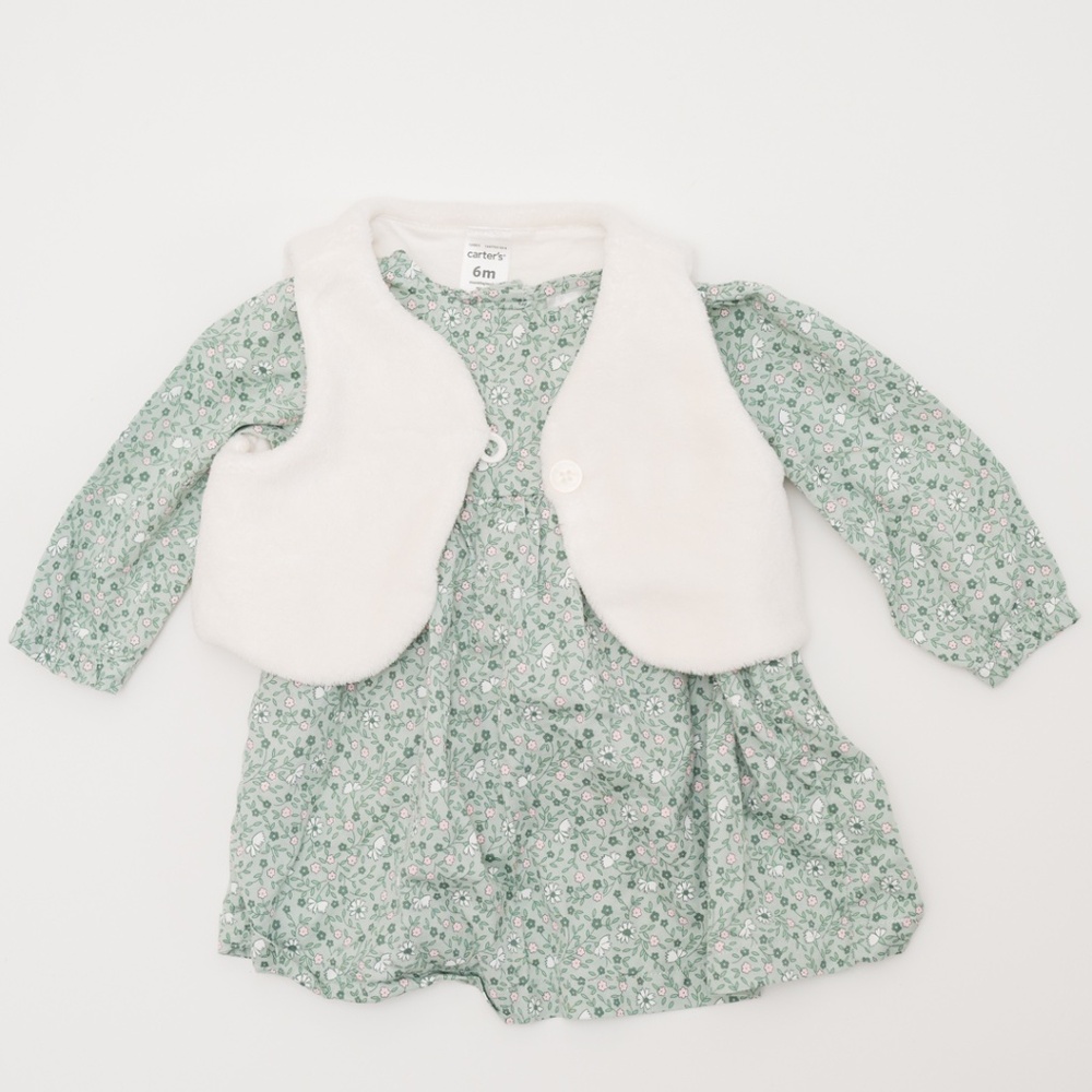 Carter's Sage Floral Dress and Faux Fur Vest Set Size 6 Months